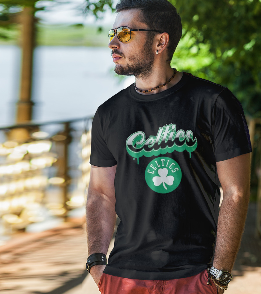 Boston Celtics Bubbly Script Green Clover Emblem T-Shirt