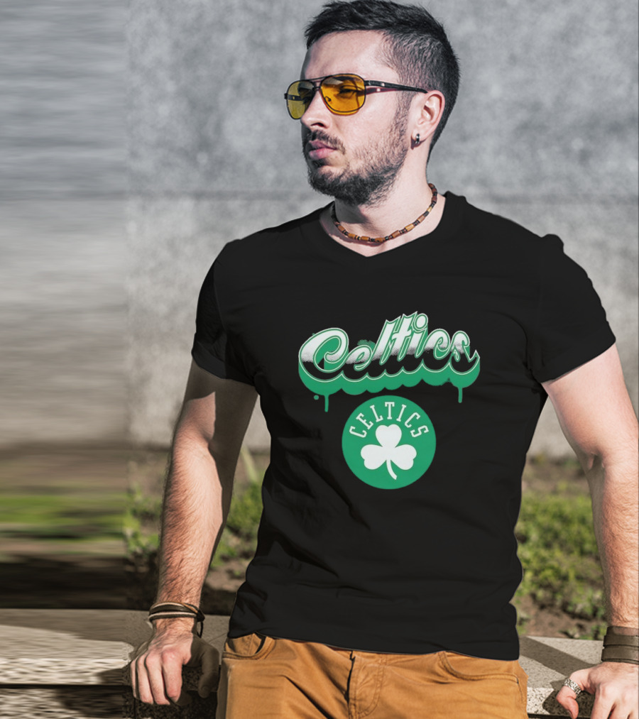 Boston Celtics Bubbly Script Green Clover Emblem T-Shirt