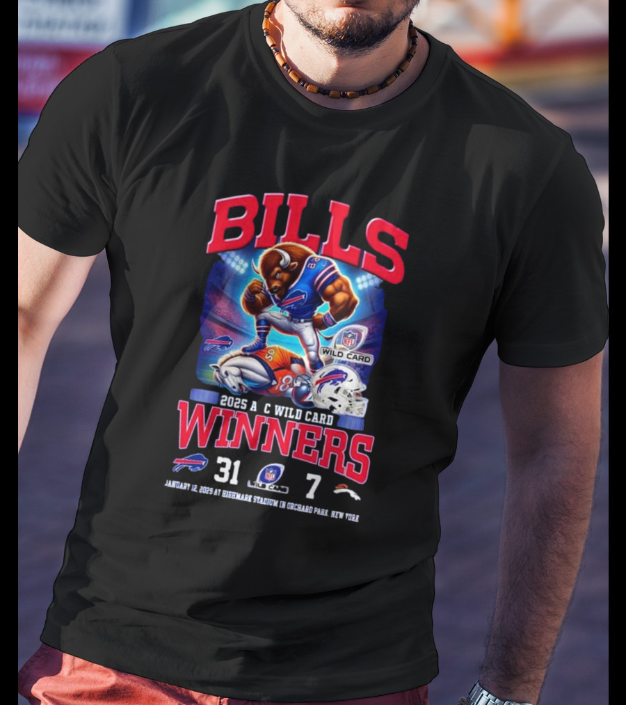 Buffalo Bills 2025 AFC Wild Card Winner Beat Denver Broncos 31-7 Mascot T-Shirt