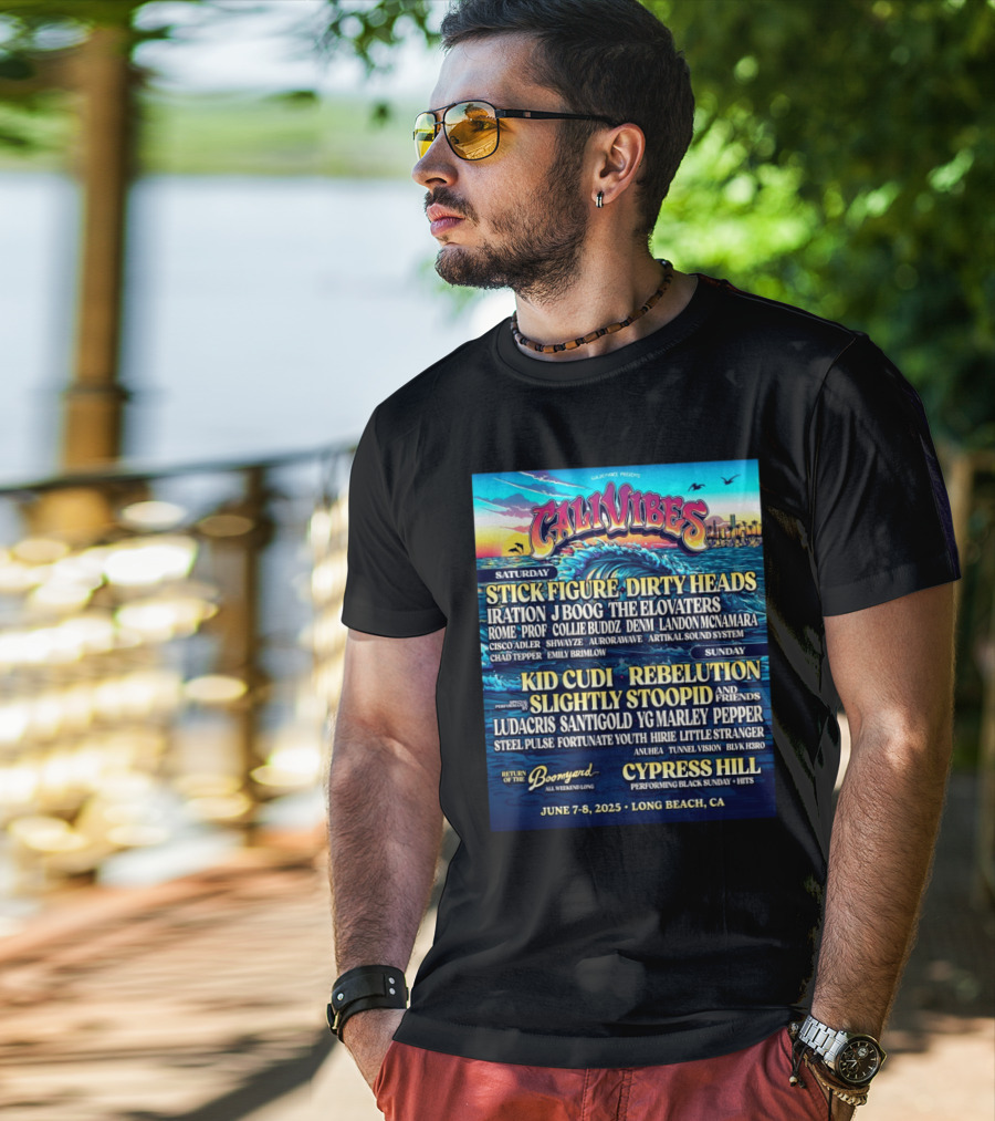 Cali Vibes June 7 8 2025 Long Beach CA Saturday Stick Figure Dirty Heads Sunday Kid Cudi Rebelution Slightly Stoopid T-Shirt