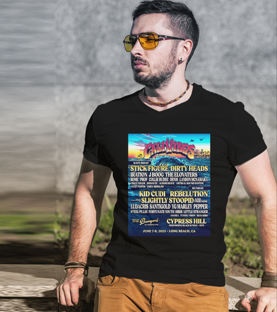 Cali Vibes June 7 8 2025 Long Beach CA Saturday Stick Figure Dirty Heads Sunday Kid Cudi Rebelution Slightly Stoopid T-Shirt