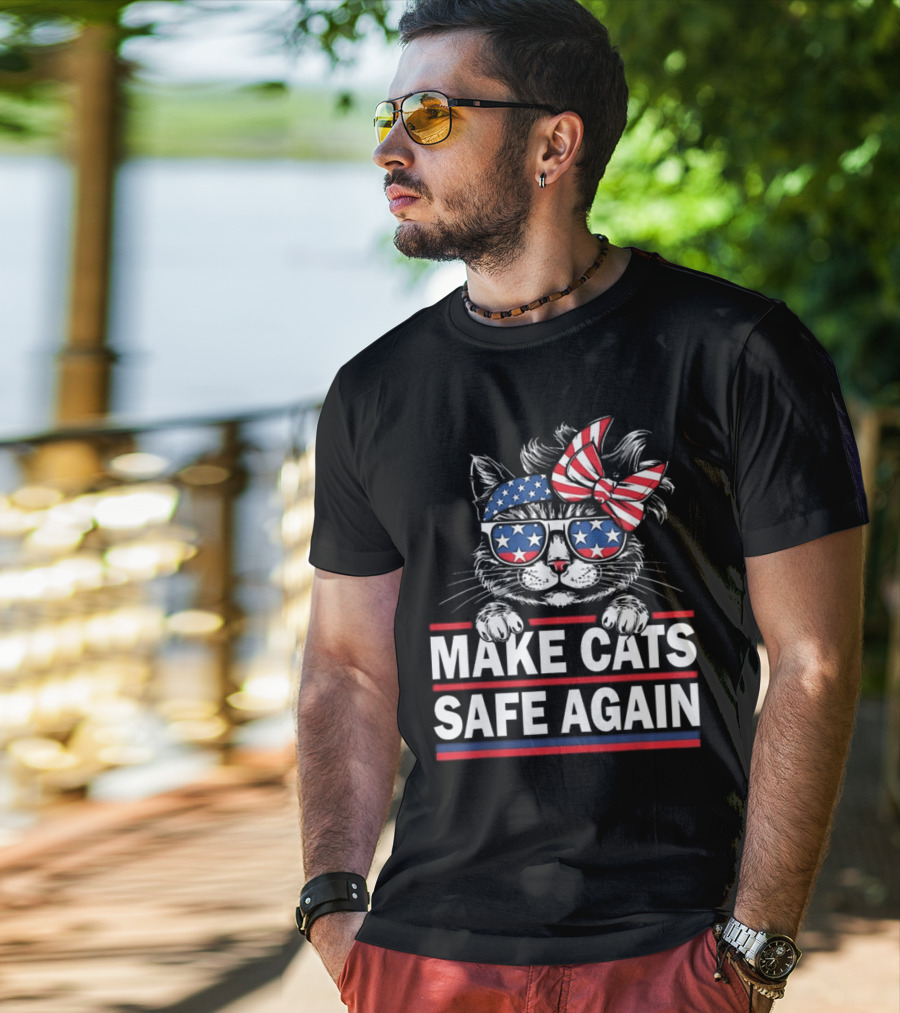 Cats Safe Again Funny Cat Lover USA Flag T-Shirt
