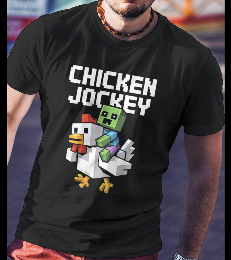 CHICKEN JOCKEY Pixelated Green Zombie Riding White Chicken T-Shirt