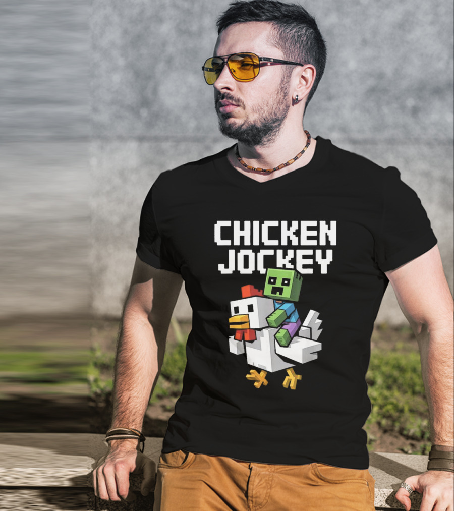 CHICKEN JOCKEY Pixelated Green Zombie Riding White Chicken T-Shirt
