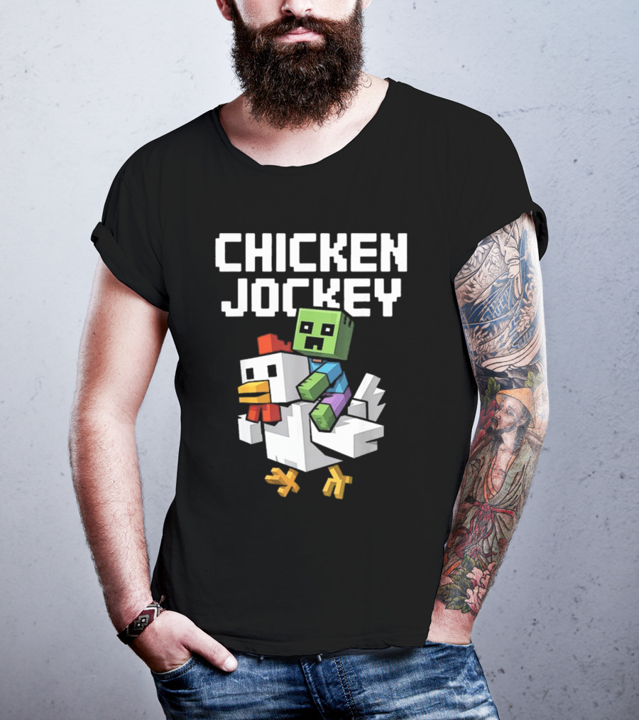 CHICKEN JOCKEY Pixelated Green Zombie Riding White Chicken T-Shirt
