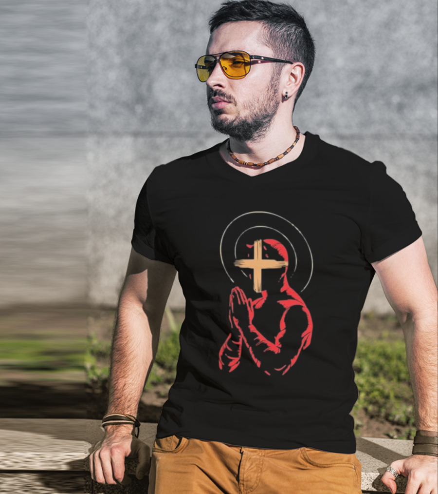 Red Praying Figure With Halo And Cross Conviction T-Shirt