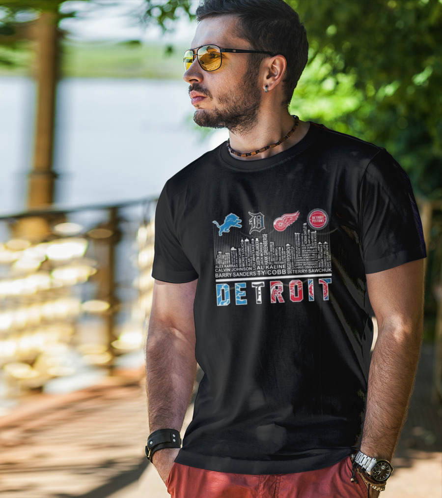 Detroit Lions X Detroit Tigers X Detroit Red Wings X Detroit Pistons Skyline 2025 T-Shirt