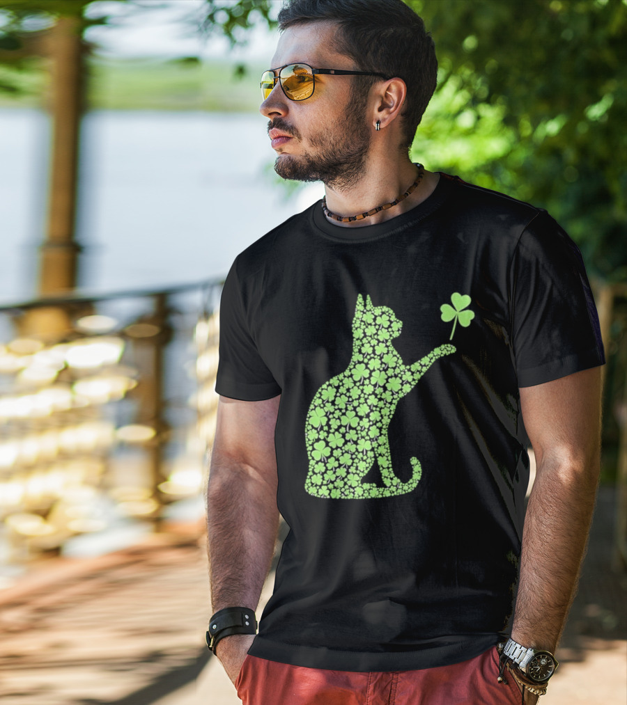 Funny St. Patrick’S Day Shamrock Cat Irish T-Shirt