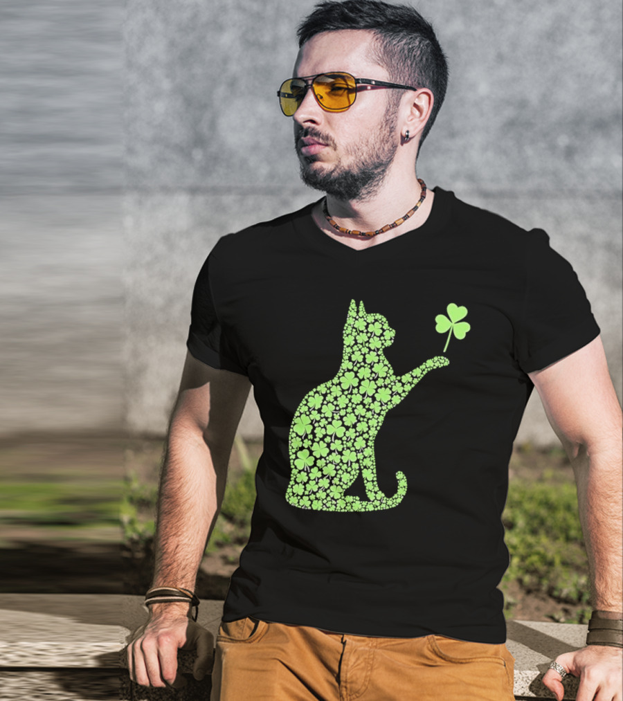 Funny St. Patrick’S Day Shamrock Cat Irish T-Shirt