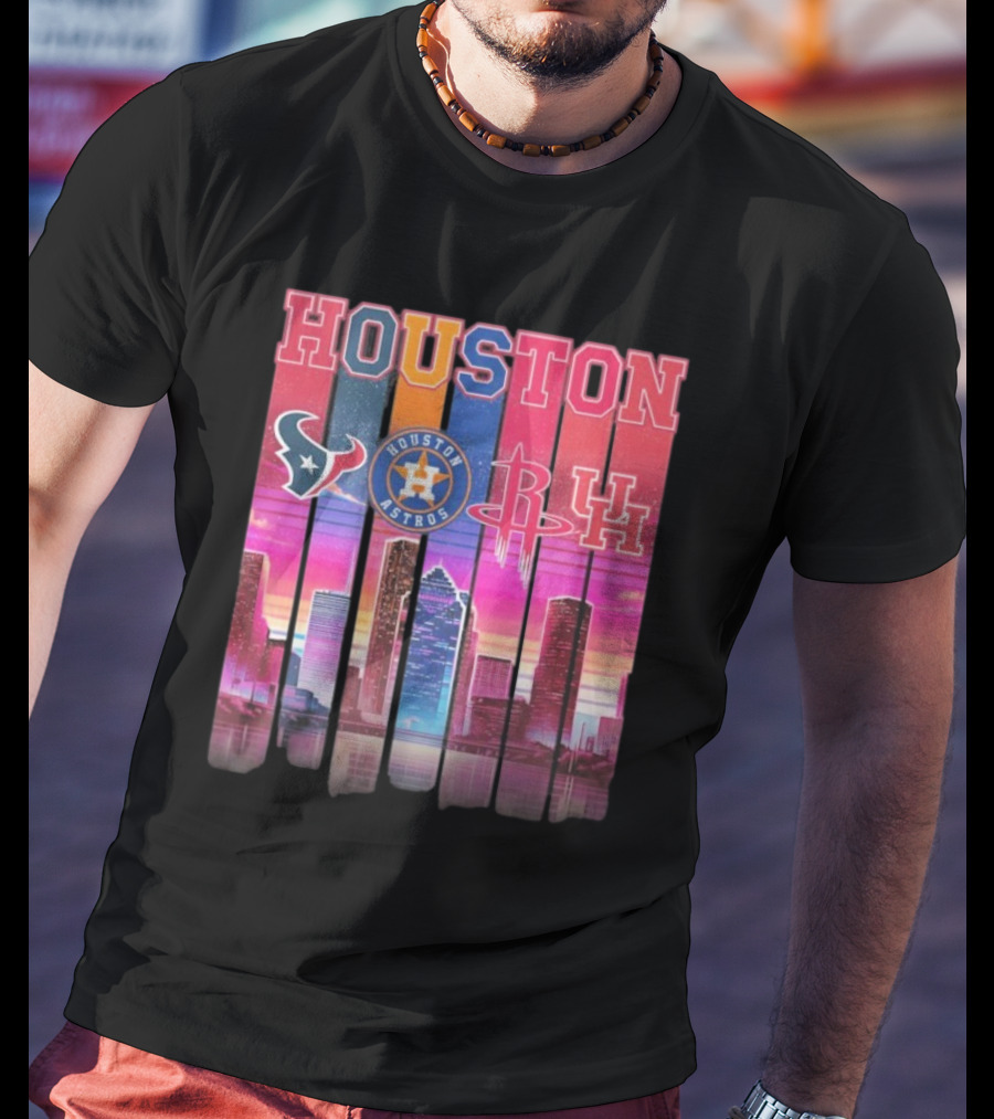 Houston Retro Skyline Texans Astros Rockets And Cougars T-Shirt