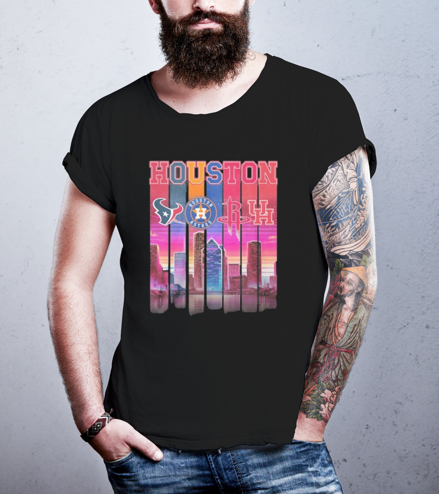 Houston Retro Skyline Texans Astros Rockets And Cougars T-Shirt