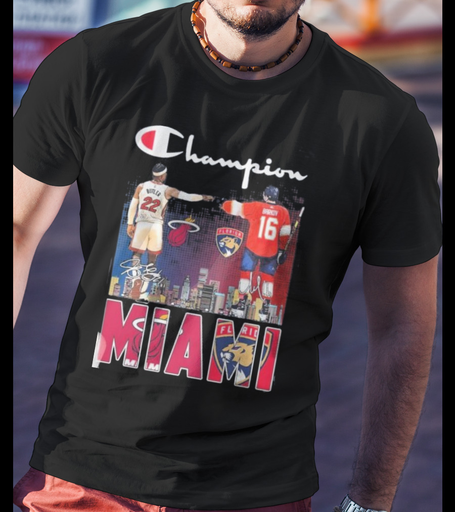 Champion Miami Skyline Signatures 22 Jimmy Butler 16 Aleksander Barkov Sports T-Shirt