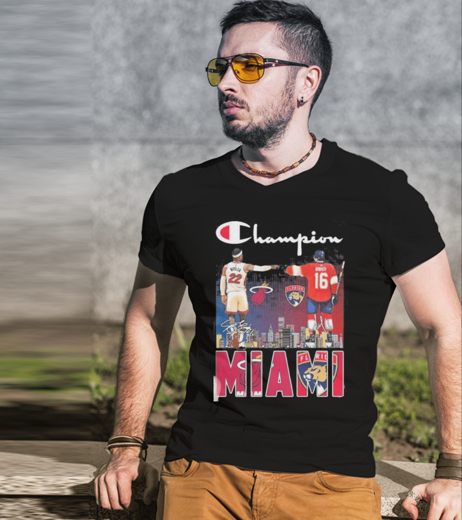 Champion Miami Skyline Signatures 22 Jimmy Butler 16 Aleksander Barkov Sports T-Shirt