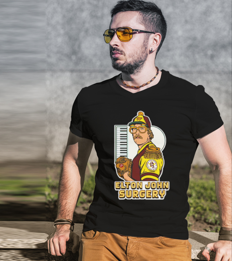 Elton John Surgery Baseball Player Keyboard 70s Patch T-Shirt