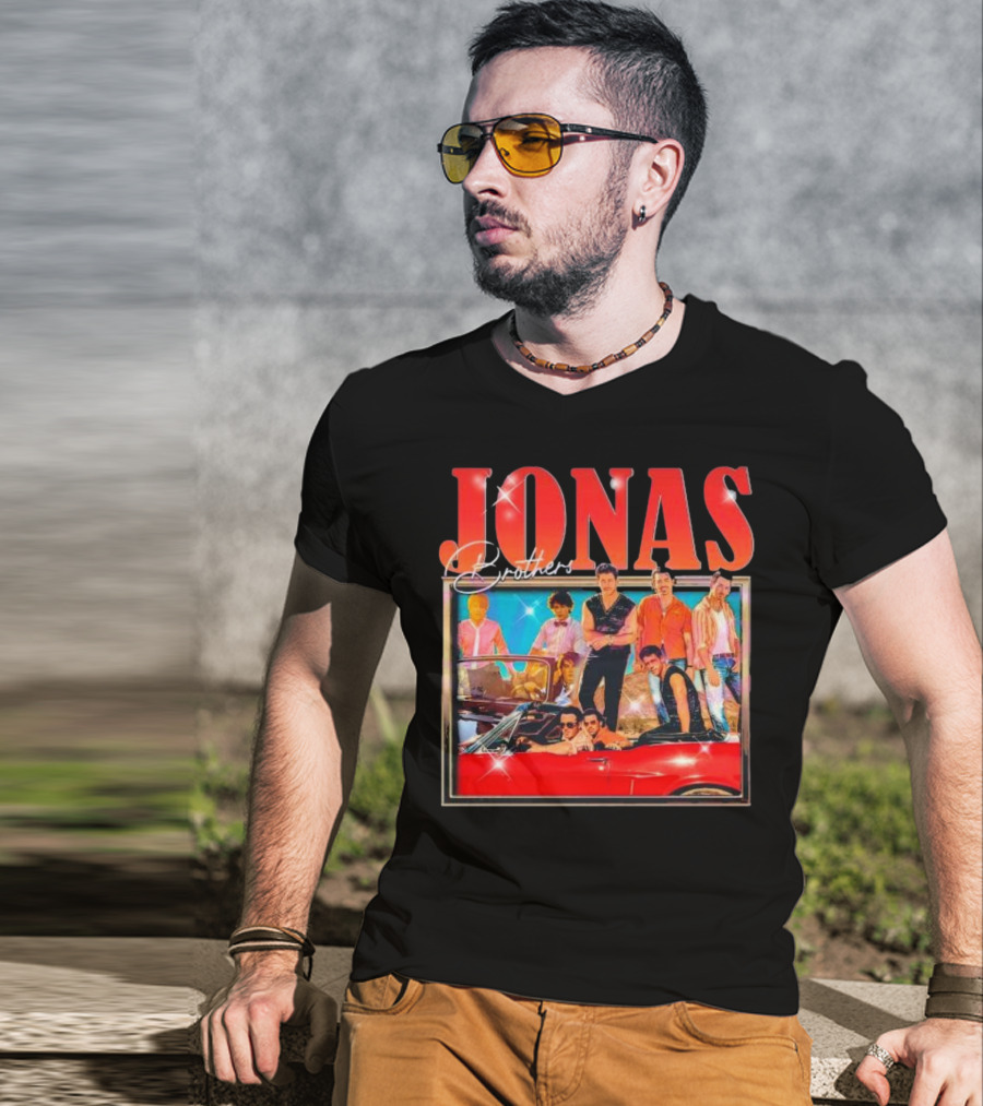 Jonas Brothers Band Retro Group Photo With Red Convertible T-Shirt