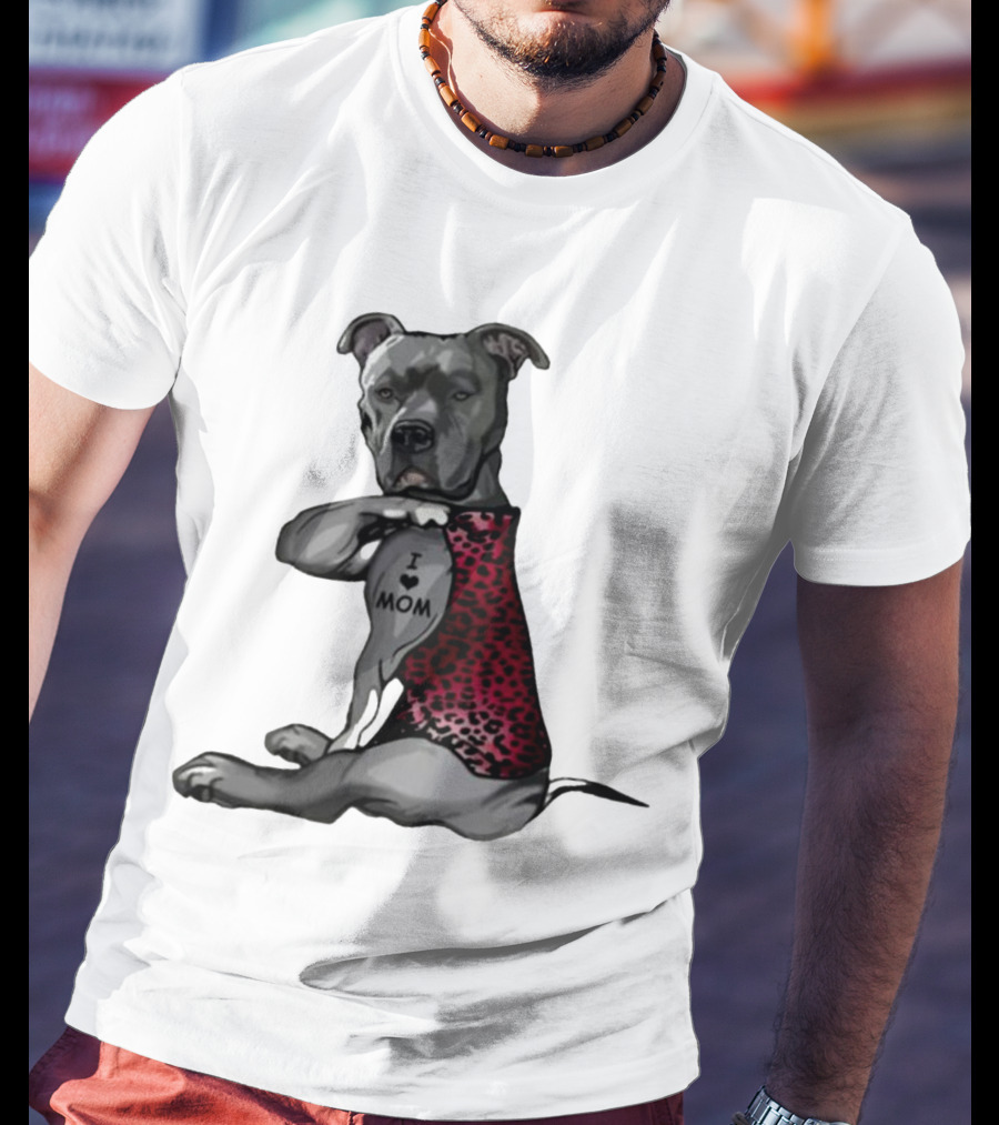 I Love Mom Dog Tattoo Red Leopard Print T-Shirt
