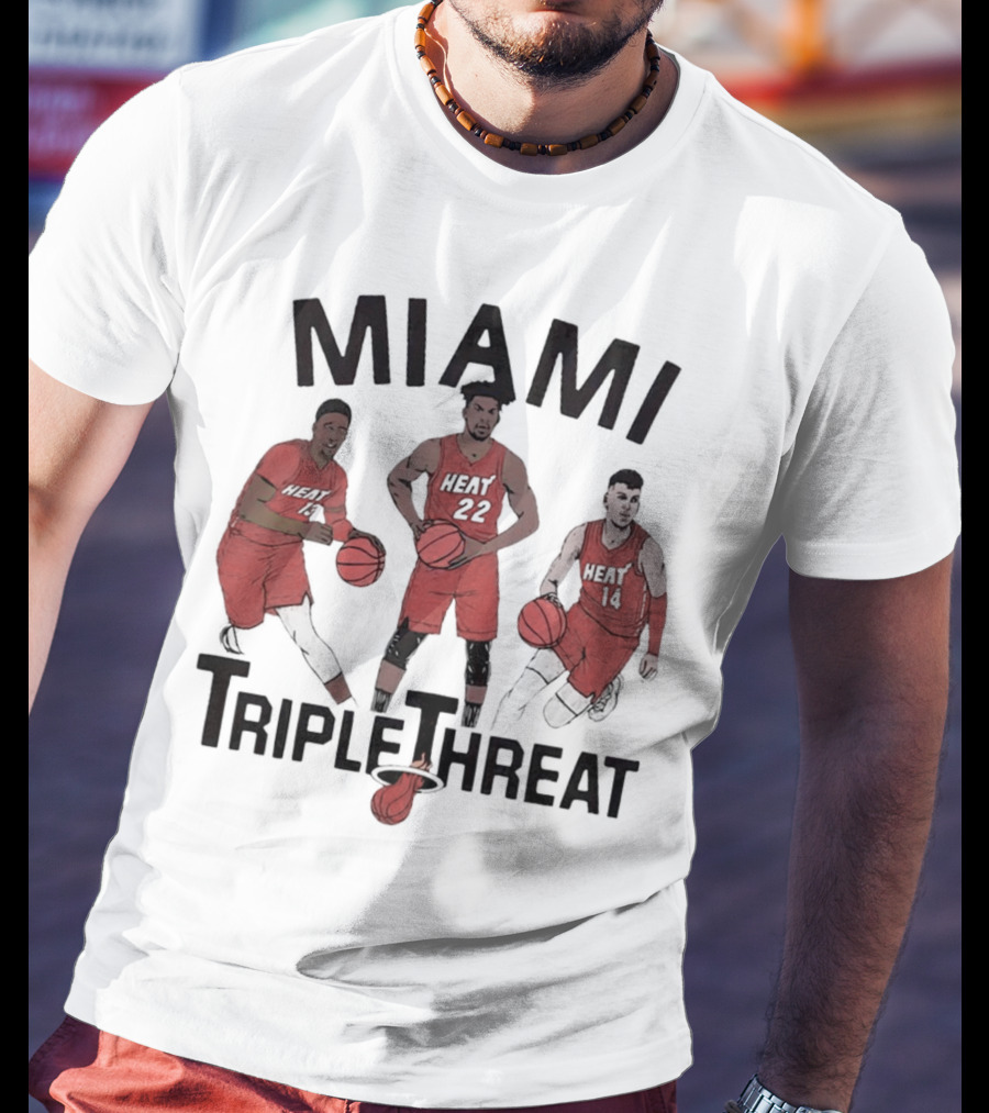 Miami Heat Bam Adebayo Jimmy Butler Tyler Herro Triple Threat T-Shirt