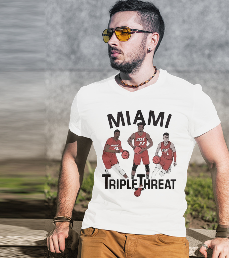 Miami Heat Bam Adebayo Jimmy Butler Tyler Herro Triple Threat T-Shirt