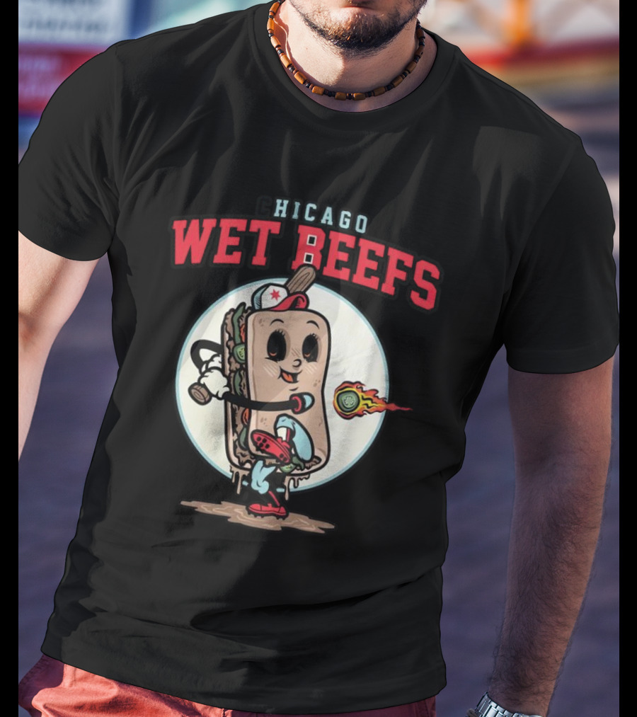 Chicago Wet Beefs Sandwich Character With Baseball Bat And Flaming Baseball T-Shirt