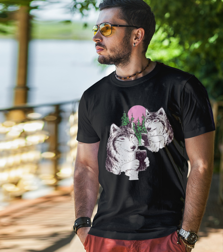 There Are Two Wolves Inside You Both On Smartphones Against A Pink Moon And Pine Trees T-Shirt