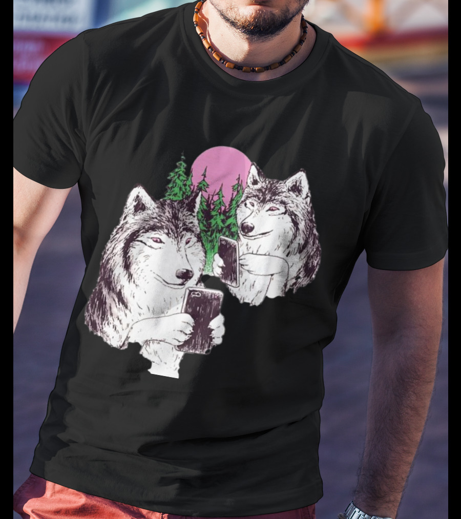 There Are Two Wolves Inside You Both On Smartphones Against A Pink Moon And Pine Trees T-Shirt