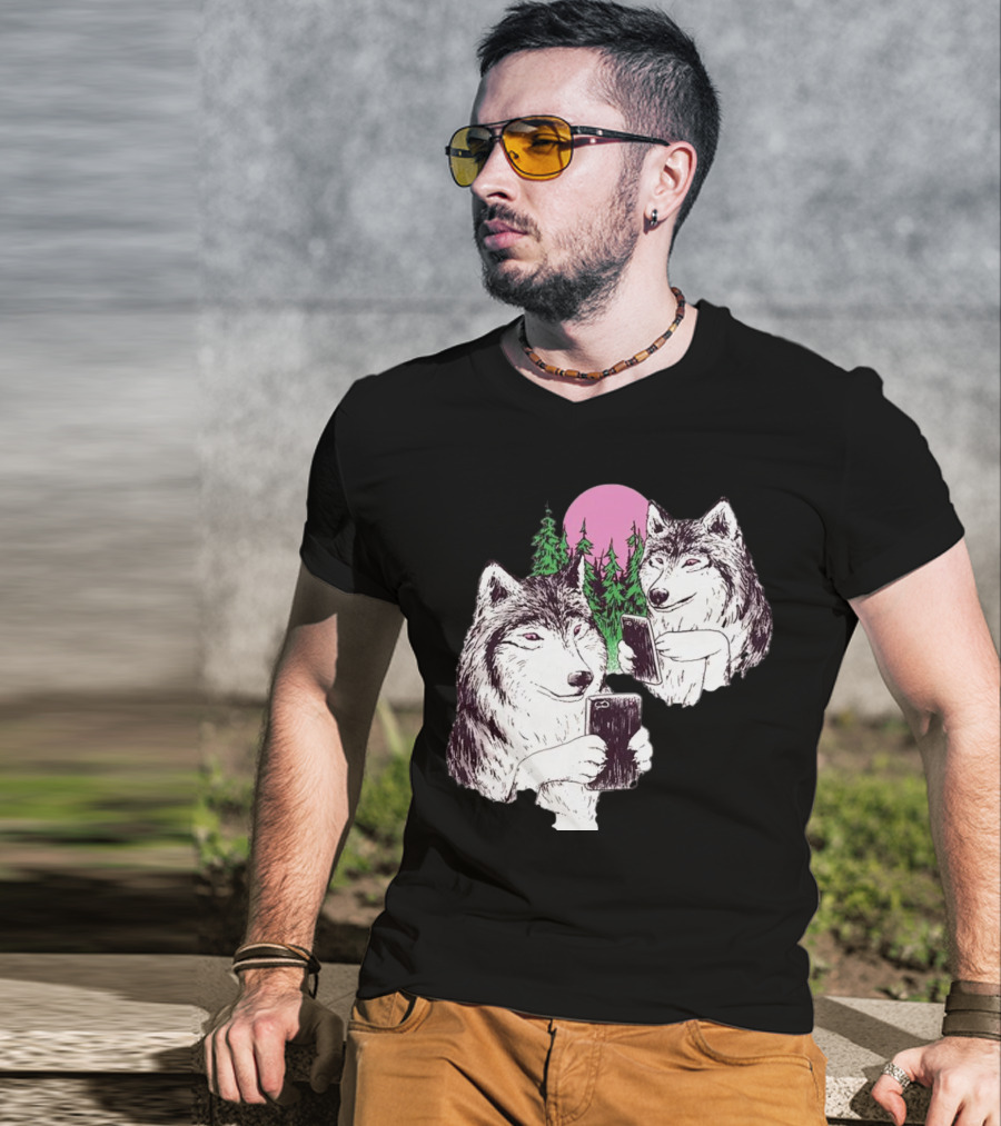 There Are Two Wolves Inside You Both On Smartphones Against A Pink Moon And Pine Trees T-Shirt