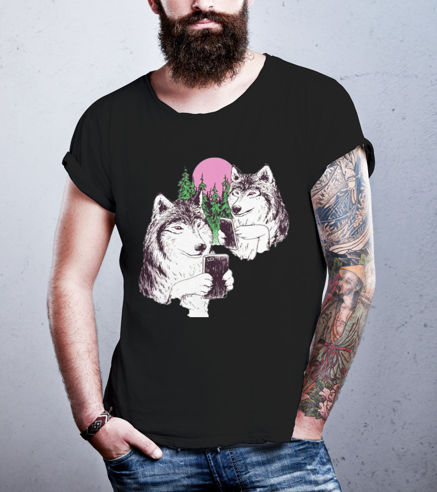 There Are Two Wolves Inside You Both On Smartphones Against A Pink Moon And Pine Trees T-Shirt