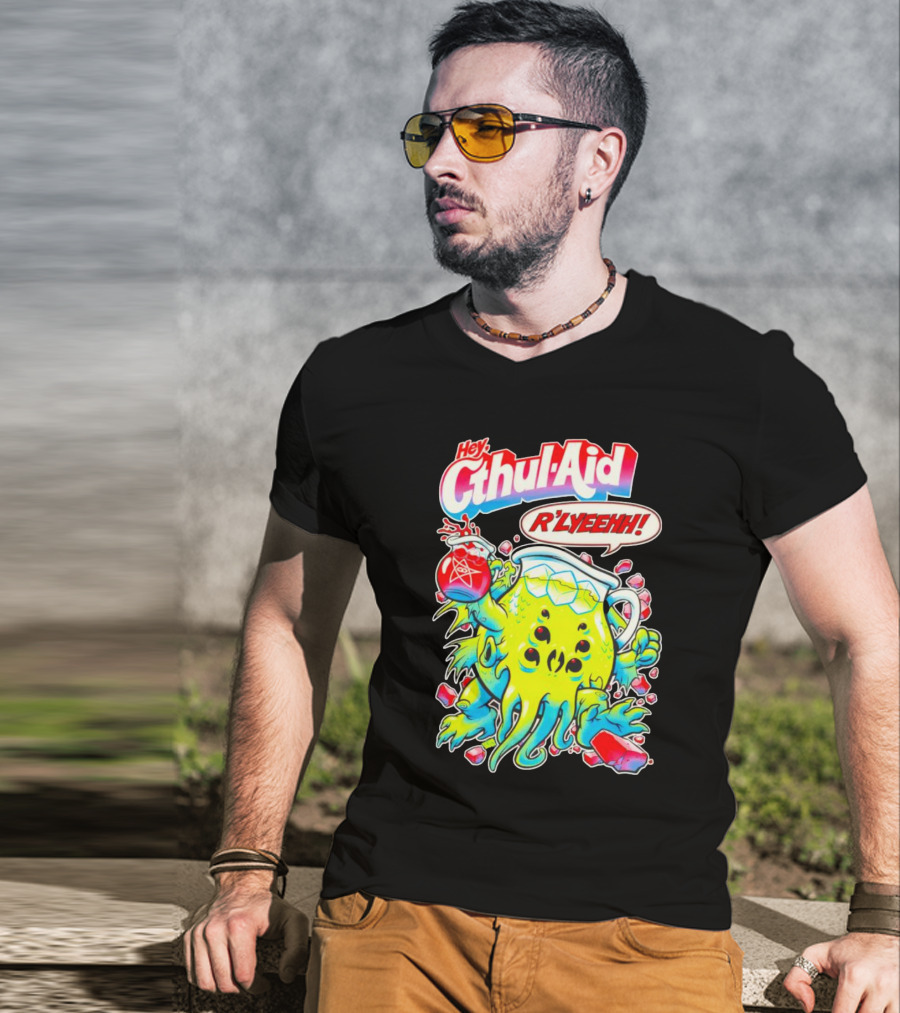 Hey Cthul-Aid R'lyeehh Monster Holding Pentagram Drink With Tentacles T-Shirt
