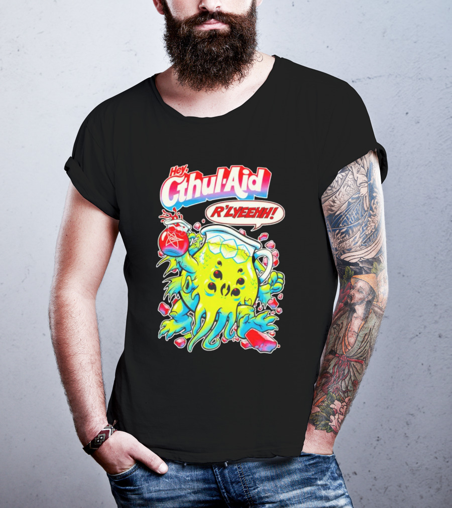 Hey Cthul-Aid R'lyeehh Monster Holding Pentagram Drink With Tentacles T-Shirt
