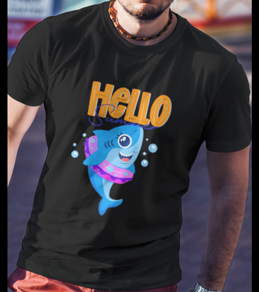 Hello Summer Shark With Swim Ring And Bubbles T-Shirt