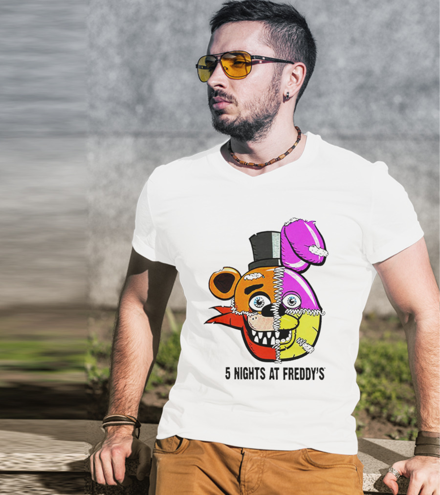Five Nights At Freddy's Colorful Split Face Patchwork Freddy And Bonnie T-Shirt