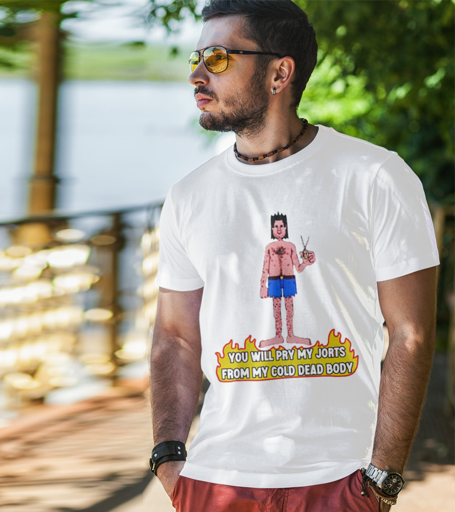 You Will Pry My Jorts From My Cold Dead Body Cartoon Character Holding Scissors In Flames T-Shirt