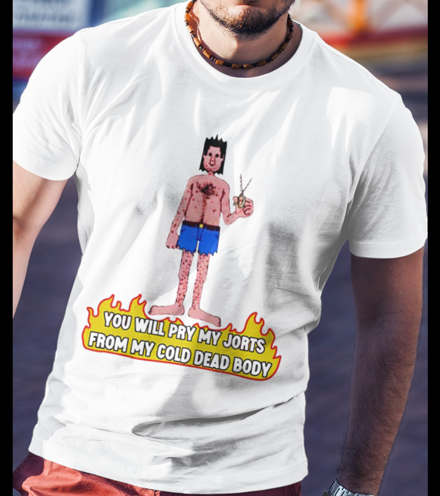You Will Pry My Jorts From My Cold Dead Body Cartoon Character Holding Scissors In Flames T-Shirt