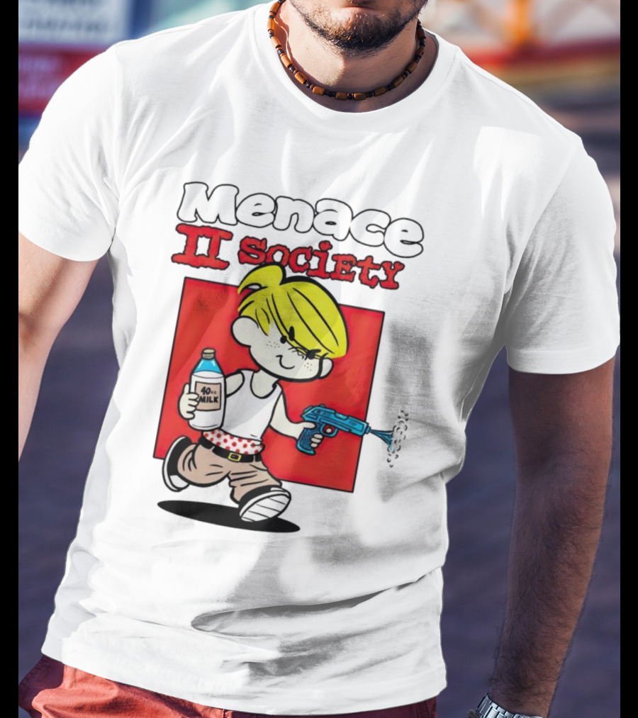 Menace II Society Cartoon Character With Squirt Gun And Milk T-Shirt