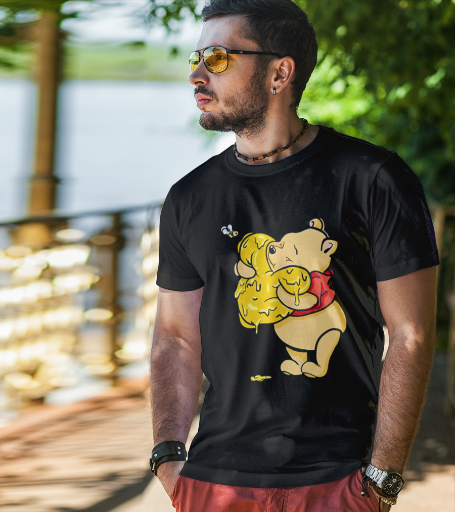 Pooh Bear Hugging Hunny Pot With Bee T-Shirt