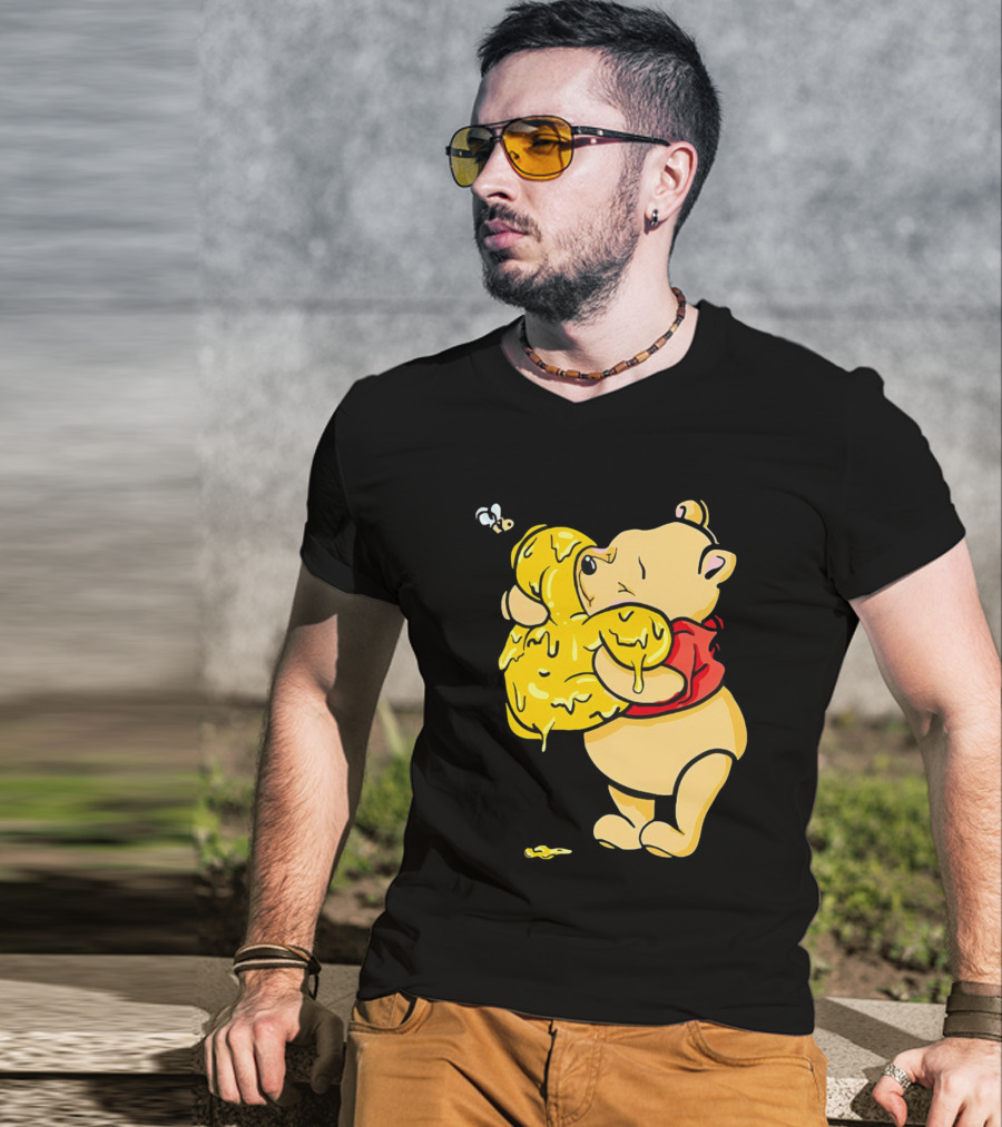 Pooh Bear Hugging Hunny Pot With Bee T-Shirt