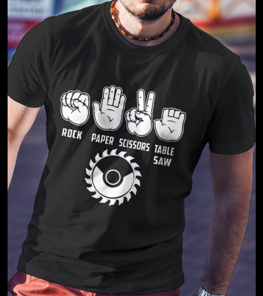 Rock Paper Scissors Table Saw Hand Gesture With Circular Blade T-Shirt