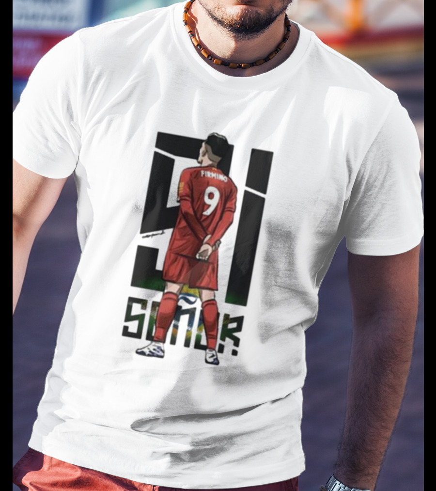 Roberto Firmino Si Señor 9 Football Player In Red Kit With Brazil Flag Background T-Shirt