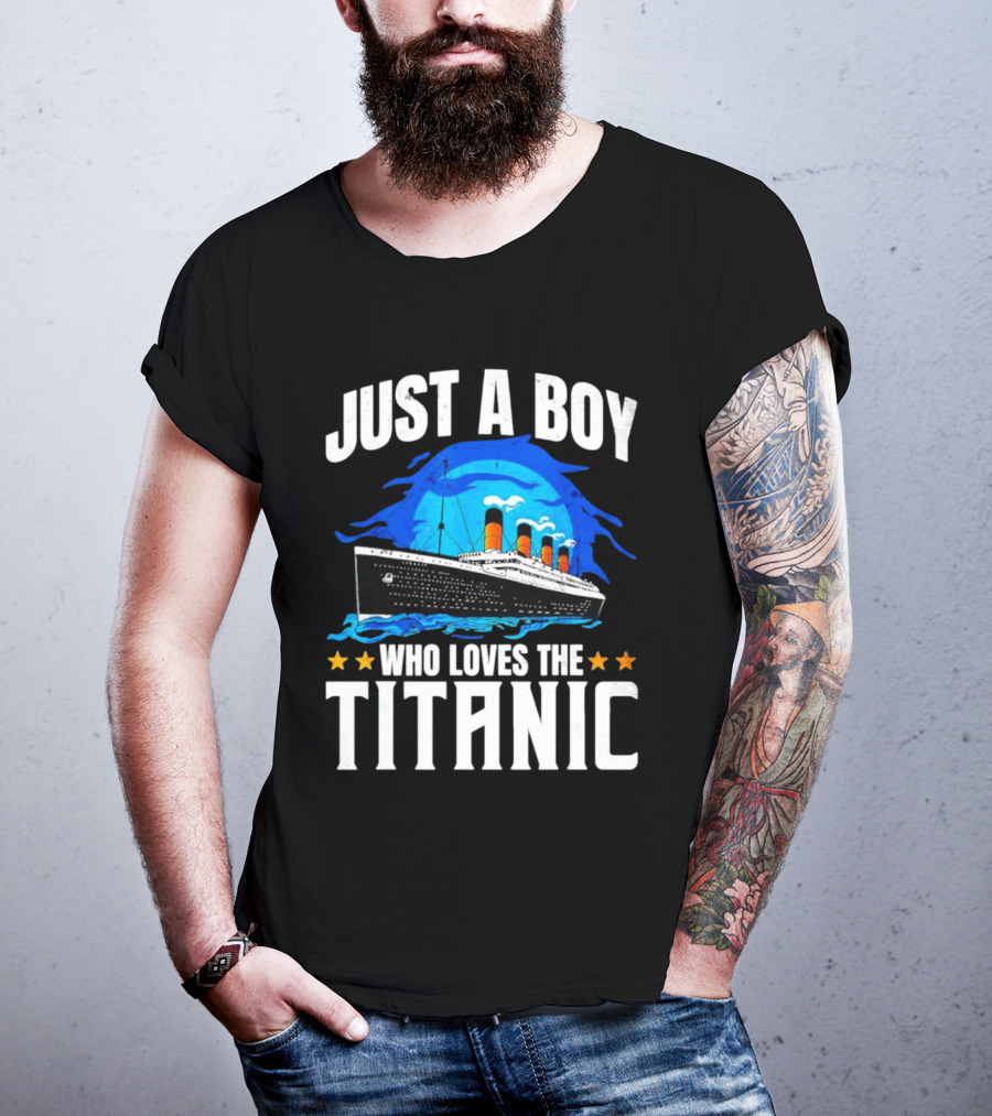 Just A Boy Who Loves The Titanic Ship With Blue Ocean And Stars T-Shirt