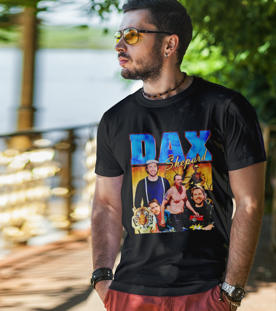 Dax Shepard Vintage Collage With Blue Text And Tiger T-Shirt