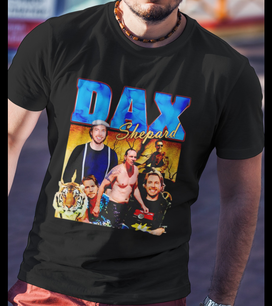 Dax Shepard Vintage Collage With Blue Text And Tiger T-Shirt