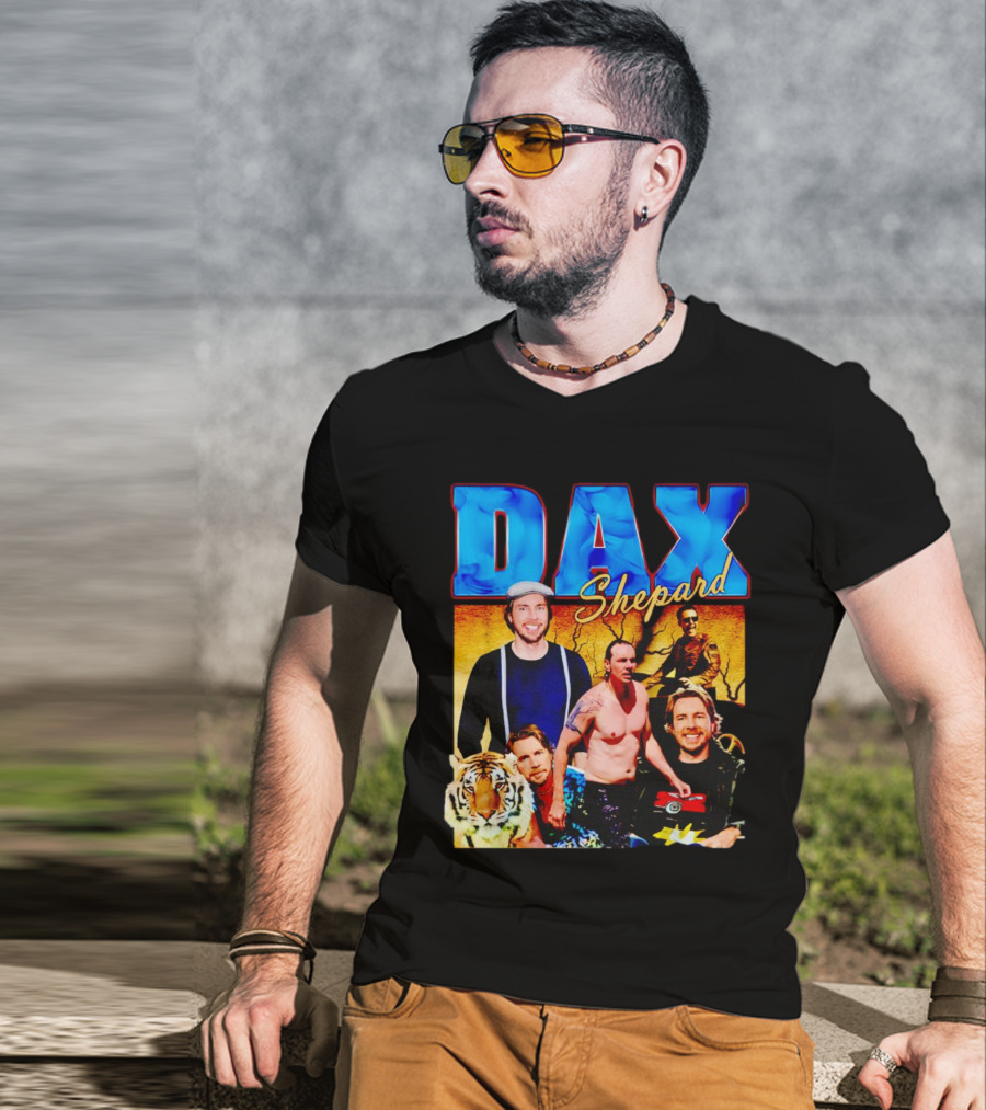 Dax Shepard Vintage Collage With Blue Text And Tiger T-Shirt