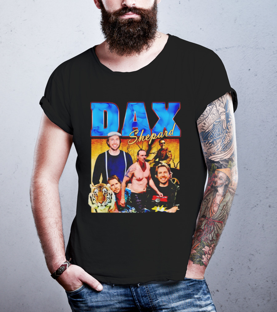 Dax Shepard Vintage Collage With Blue Text And Tiger T-Shirt