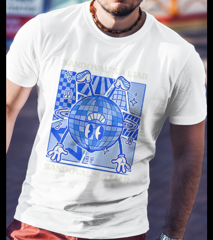 Sandoval's A Liar Blue Globe Cartoon Music Notes Geometric Background T-Shirt