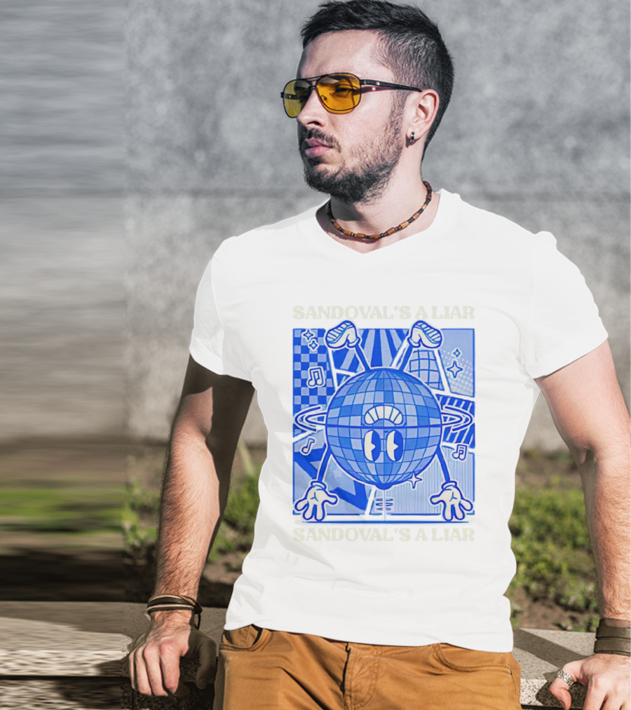 Sandoval's A Liar Blue Globe Cartoon Music Notes Geometric Background T-Shirt