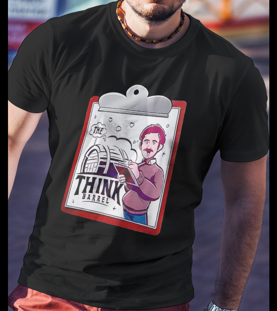 The Think Barrel Clipboard With Cartoon Character And Building Outline T-Shirt