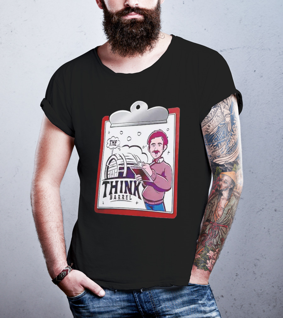 The Think Barrel Clipboard With Cartoon Character And Building Outline T-Shirt