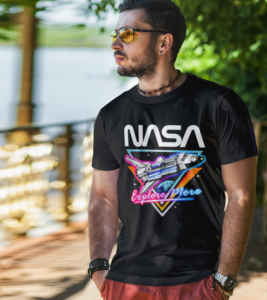 NASA Neon Glow Space Shuttle Explore More T-Shirt