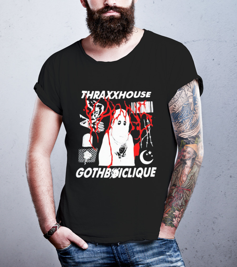 Thraxxhouse Gothboiclique Praying Figure With Barcode Rose Crescent Moon And Abstract Red Streaks T-Shirt