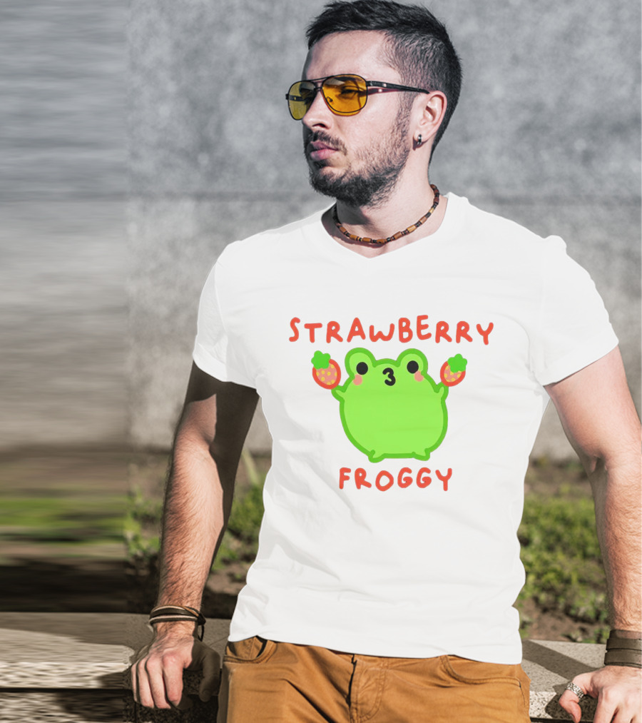 STRAWBERRY FROGGY Green Frog Holding Strawberries T-Shirt